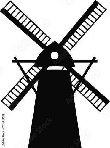 windmill with four blades on tall tower, side view, solid black silhouette