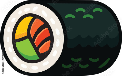 Cartoon Sushi Roll Vector Illustration with Seaweed Wrap and Colorful Filling 