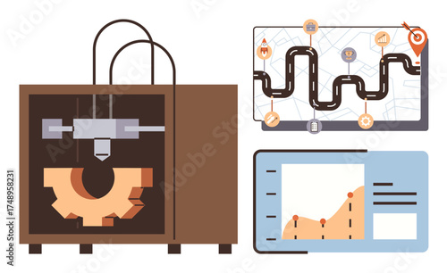 3D printer producing gear, a workflow map marking progress, data chart visualizing analytics. Ideal for technology, manufacturing, innovation, workflow optimization, data processing, automation