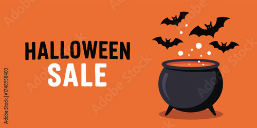 Halloween Sale image with black bats above a dark cauldron against an orange background