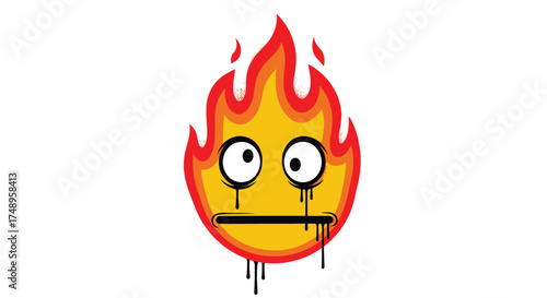 A cartoon fire emoji with a distressed and melting face, crying black tears.