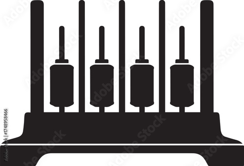 Industrial machine part silhouette with four vertical spools and rods.