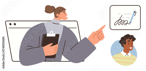 Woman with clipboard pointing at signature icon, engaging with digital process. Ideal for teamwork, business, workflow, remote signing, collaboration, management, simple flat metaphor