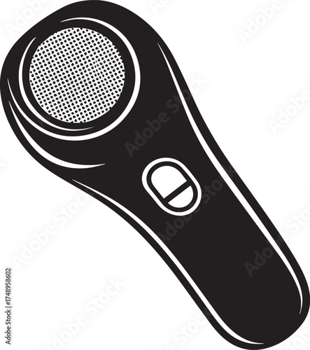 Monochromatic electric foot file illustration, textured grinding head, ergonomic design, power button.