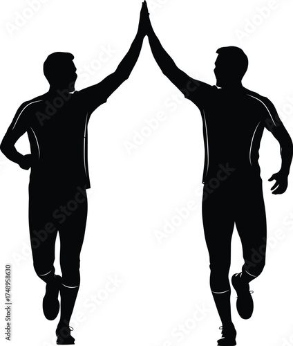 Vector art of two silhouetted men running and giving each other a high five, celebrating success