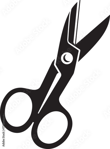 Sharp black silhouette of open cutting scissors, classic design, essential tool.