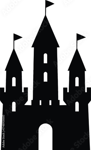 castle with tall towers and battlements, front view, solid black silhouette