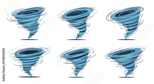 A collection of six distinct tornado illustrations depicting various stages of formation and intensity.