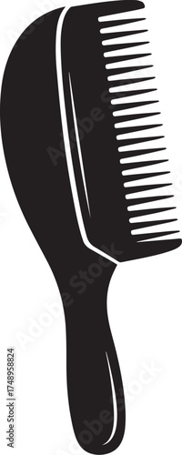 Stylized black silhouette handle comb with fine teeth, a sleek grooming tool icon.