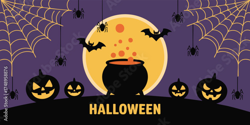 Halloween scene pumpkins cauldron bats spiders moon and spiderwebs