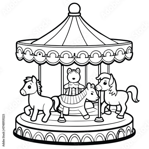 Intricate Coloring Page Featuring a Vibrant Carousel with Whimsical Animals
