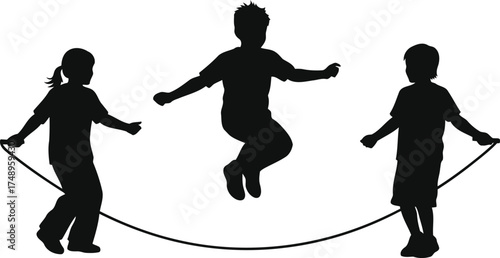 Vector art of three silhouetted children jumping rope together, playing a game