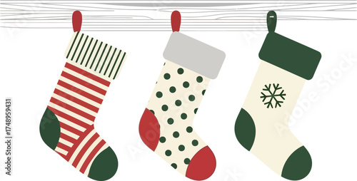 Three christmas stockings hanging from a wooden bar against on transparent background