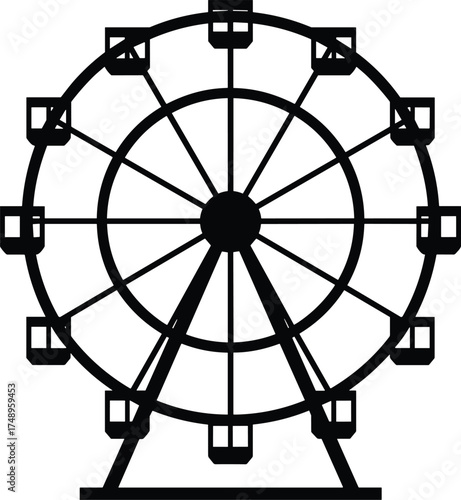 Ferris wheel with radial spokes and small cabins, front view, solid black silhouette