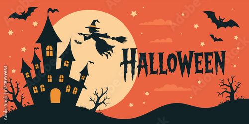 Halloweenthemed illustration a witch flies on a broomstick over a castle against a moonlit orange sky