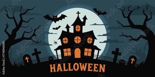 A dark spooky cartoon illustration shows a haunted house under a full moon with tombstones and bats
