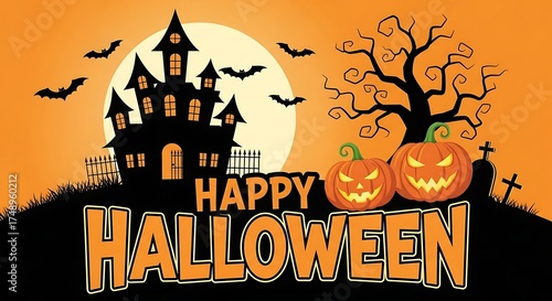 Get ready for a spooky and fun Halloween night with this scary haunted house, spooky pumpkins, bats and a looming moon graphic