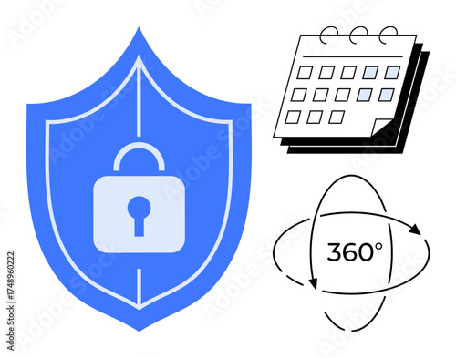 Blue shield with lock, calendar icon, and 360 arrows representing security, scheduling, coverage, monitoring, privacy antivirus and protection. Ideal for technology safety and compliance. Simple