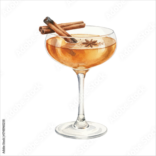Smoked Cinnamon Garnish Cocktail Watercolor Vector Illustration

