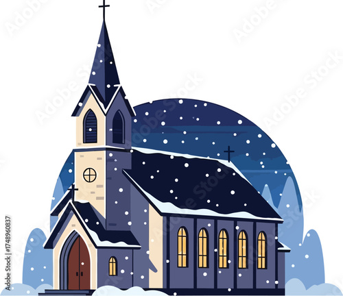 Illustration of a church building with snow falling during the winter season on transparent background
