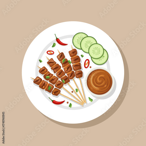 Grilled Satay Skewers with Cucumber Slices, Red Chili, and Peanut Sauce on a White Plate