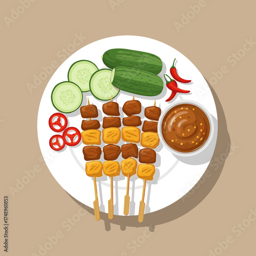 Assortment of Satay Skewers with Cucumber, Chili, and Peanut Sauce on a White Plate