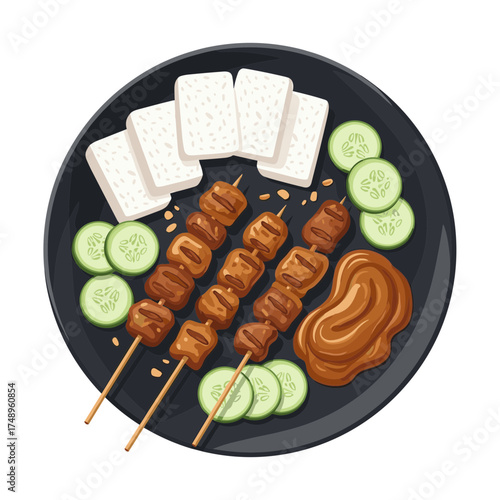 Grilled Chicken Satay Skewers with Rice Blocks, Cucumber, and Peanut Sauce on a Black Plate