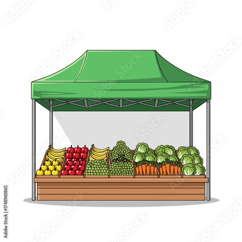 Outdoor Market Stall with Green Canopy Displaying Assorted Fresh Fruits and Vegetables