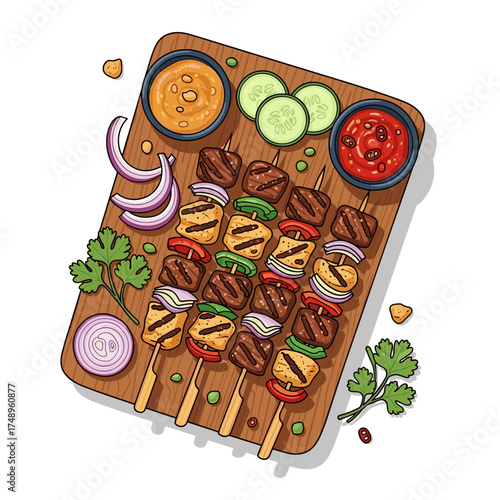 Assorted Satay Skewers with Bell Peppers and Onion, Served with Peanut and Chili Sauce on Wooden Board