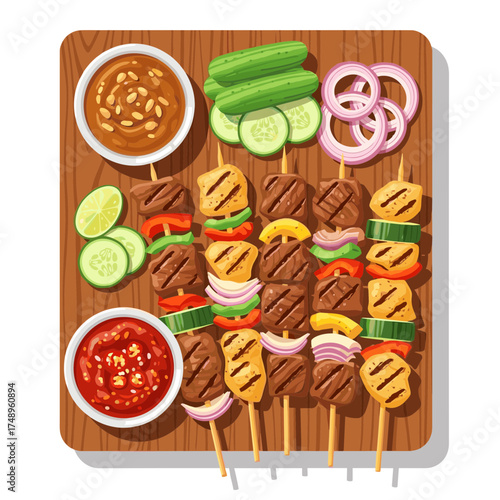 Grilled Chicken and Beef Satay Skewers with Vegetables, Cucumber, Onion, and Two Dipping Sauces