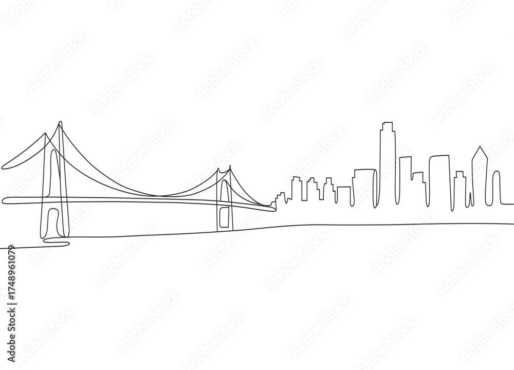 Fototapeta premium Minimalist Line Art of a City Skyline with Bridge in Black and White Modern Design Element