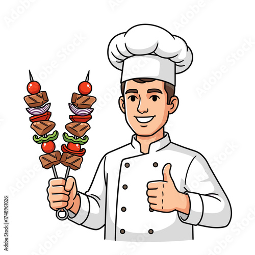 Professional Chef with Two Delicious Mixed Satay Skewers Giving Thumbs Up