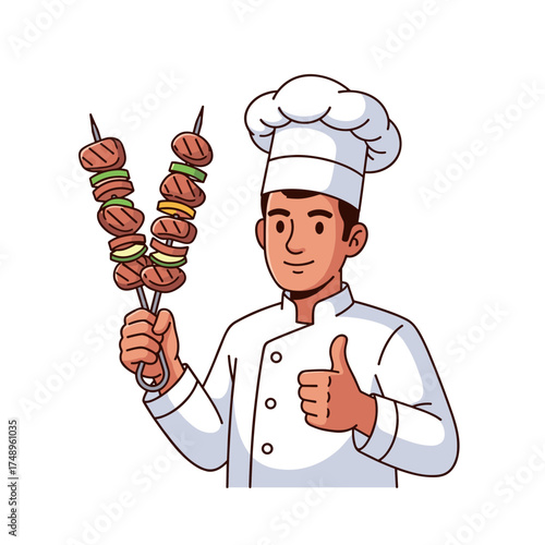 Cartoon Chef Holding Mixed Satay Skewers Giving Thumbs Up Delicious Food Concept