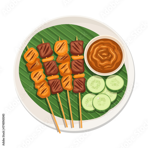 Traditional Indonesian Mixed Satay Skewers with Peanut Sauce and Cucumber