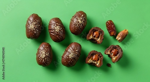 Wallpaper Mural Chocolate Covered Dates with Almonds on Green Background. Torontodigital.ca