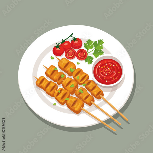 Grilled Tofu Satay Skewers with Spicy Chili Sauce and Fresh Garnish