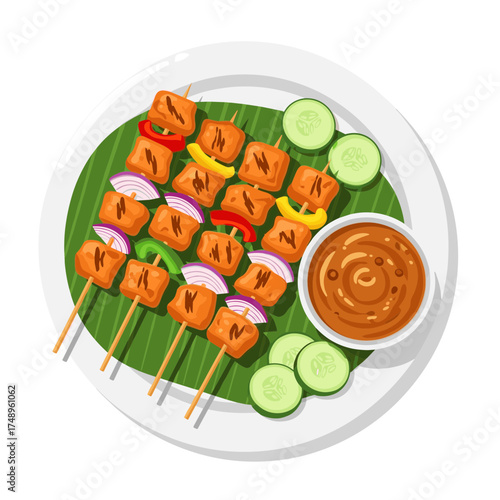 Vegetable and Tofu Satay Skewers with Creamy Peanut Sauce and Cucumber