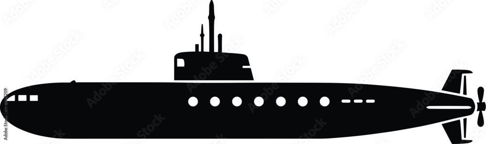 Fototapeta premium submarine with periscope raised, side profile, solid black silhouette