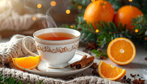 Cozy Winter Tea with Oranges and Cinnamon Sticks.