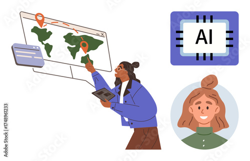 Man studying interactive global map with pinned locations on tablet, chip labeled AI and smiling female avatar icon. Ideal for AI, technology, analysis, geolocation, maps, data exploration, teamwork