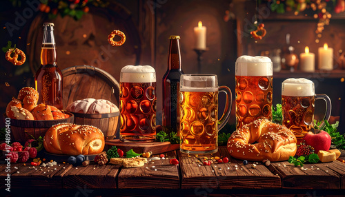 Festive Oktoberfest Beer and Bread Spread with Candles and Pretzels.