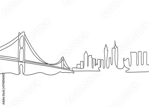 Minimalist One Line Drawing of San Francisco Skyline with Golden Gate Bridge and Skyscrapers on a White Background