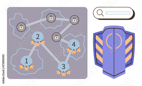 Gamified map with numbered levels, stars, and locked elements, shield for security, search bar. Ideal for gaming, achievement tracking, security themes, learning paths navigation goals simple flat