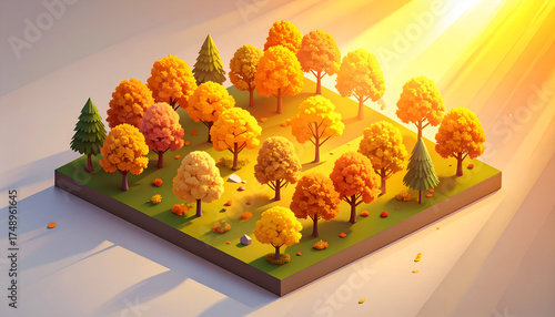 Miniature Autumn Forest Scene with Sunlight and Colorful Trees.