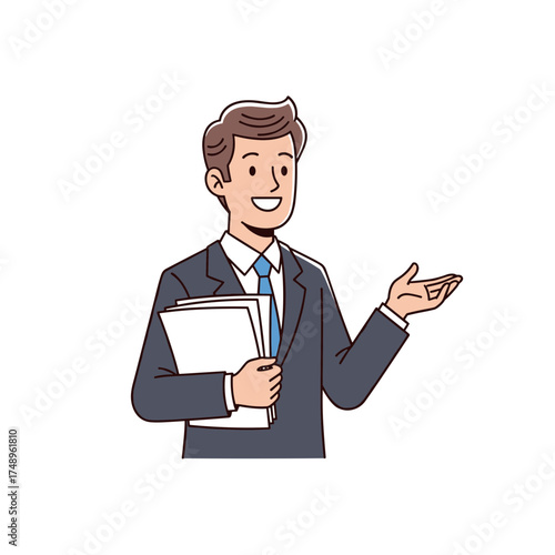 Smiling Businessman Holding Documents and Presenting with Open Hand Gesture