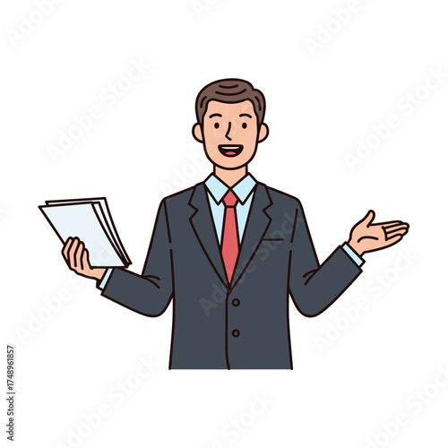 Friendly Businessman Holding Documents and Presenting with Both Hands