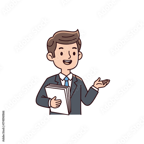Confident Businessman Holding Documents and Presenting with Open Hand Gesture