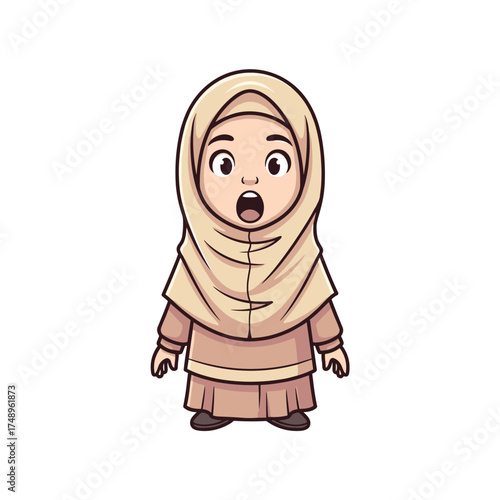 Surprised Muslim Child Girl in Hijab with Open Mouth Full Body Illustration