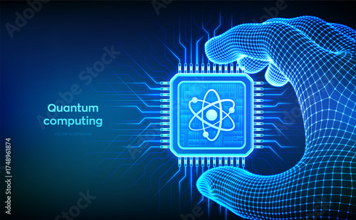 Quantum chip in hand. Quantum computing technology. Quantum processor with qubit superposition. AI. Artificial intelligence. High-speed calculations. Revolutionary algorithms. Vector illustration.