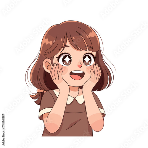 Happy Amazed Young Girl with Sparkling Eyes and Hands on Cheeks